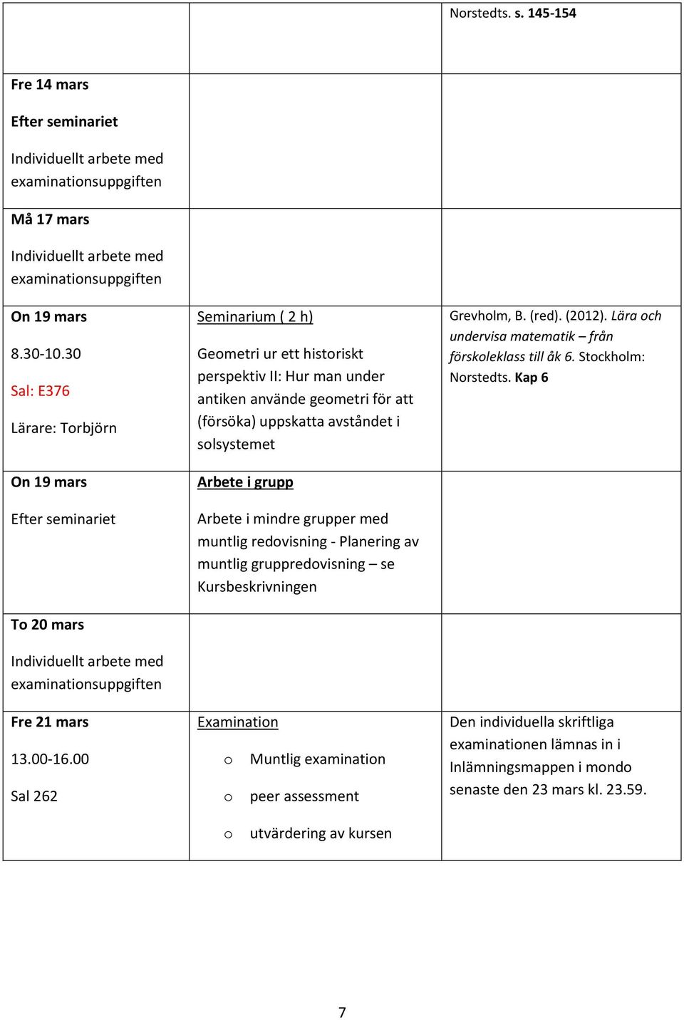 seminariet To 20 mars Individuellt arbete med examinationsuppgiften Fre 21 mars 13.00-16.