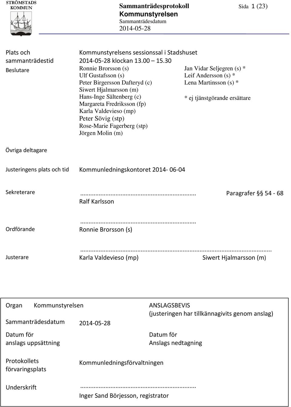 tjänstgörande ersättare Margareta Fredriksson (fp) Karla Valdevieso (mp) Peter Sövig (stp) Rose-Marie Fagerberg (stp) Jörgen Molin (m) Övriga deltagare Justeringens plats och tid