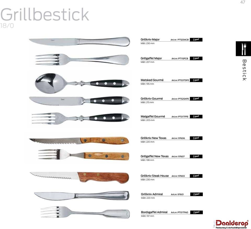 nr: PT03TSFE Bestick Grillkniv Gourmé Mått: 215 mm Art.nr: PT52SKFE Matgaffel Gourmé Mått: 205 mm Art.