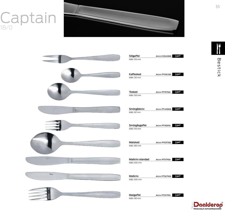 nr: PT40SKGI Smörgåsgaffel Mått: 150 mm Art.nr: PT19SFGI Matsked Mått: 180 mm Art.