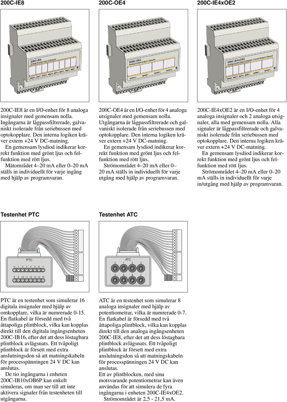 Mätområdet ställs in individuellt för varje ingång med hjälp av programvaran. 200C-OE4 är en I/O-enhet för 4 analoga utsignaler med gemensam nolla.