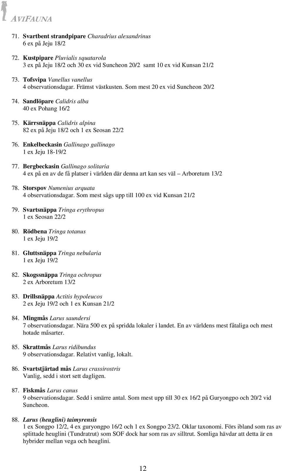 Kärrsnäppa Calidris alpina 82 ex på Jeju 18/2 och 1 ex Seosan 22/2 76. Enkelbeckasin Gallinago gallinago 1 ex Jeju 18-19/2 77.