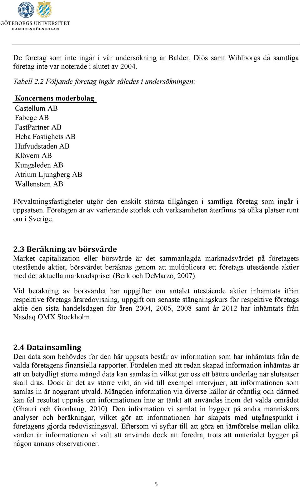 Wallenstam AB Förvaltningsfastigheter utgör den enskilt största tillgången i samtliga företag som ingår i uppsatsen.