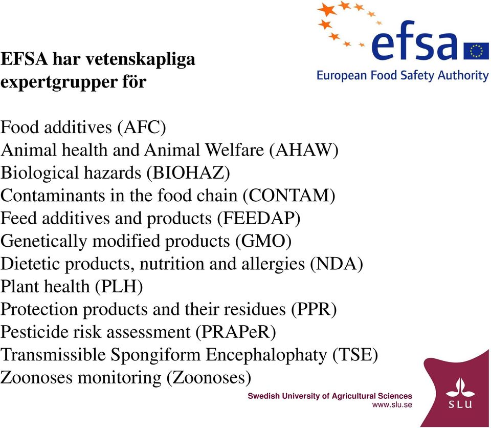 products (GMO) Dietetic products, nutrition and allergies (NDA) Plant health (PLH) Protection products and their