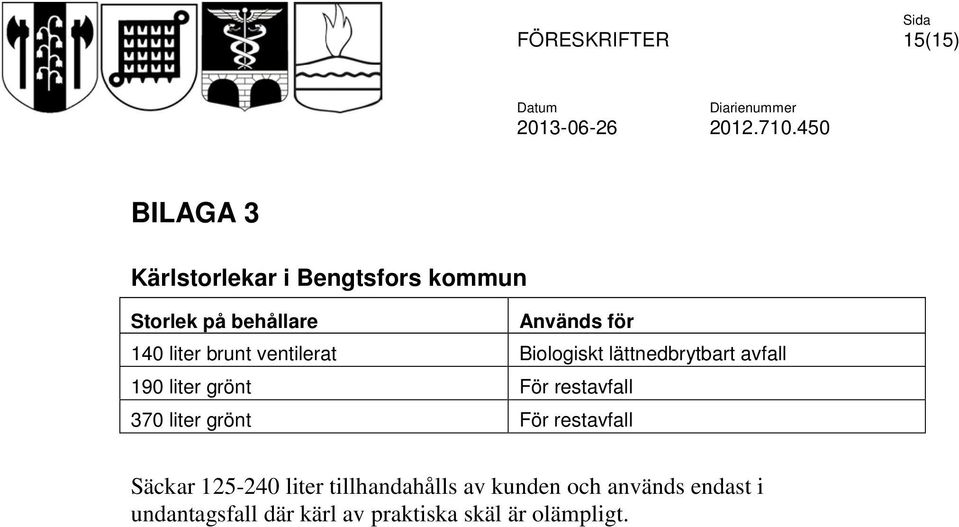 För restavfall 370 liter grönt För restavfall Säckar 125-240 liter tillhandahålls