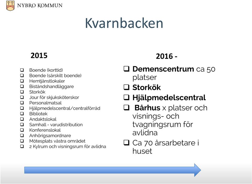 Konferenslokal Anhörigsamordnare Mötesplats västra området 2 Kylrum och visningsrum för avlidna Demenscentrum ca 50