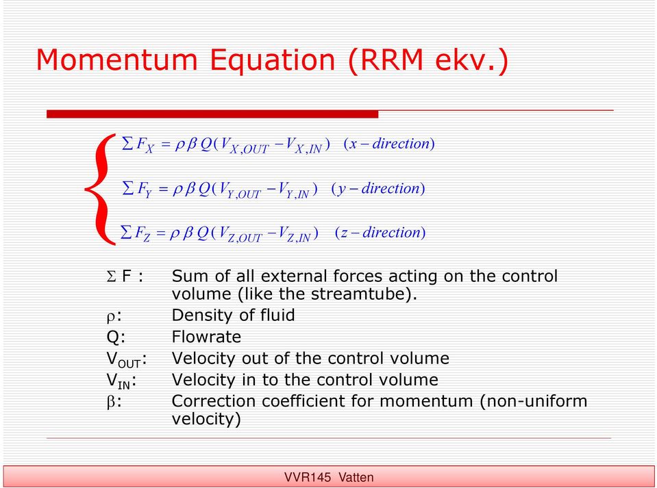 direction) Z Z, OUT Z, IN F : Sum of all external forces acting on the control volume (like the