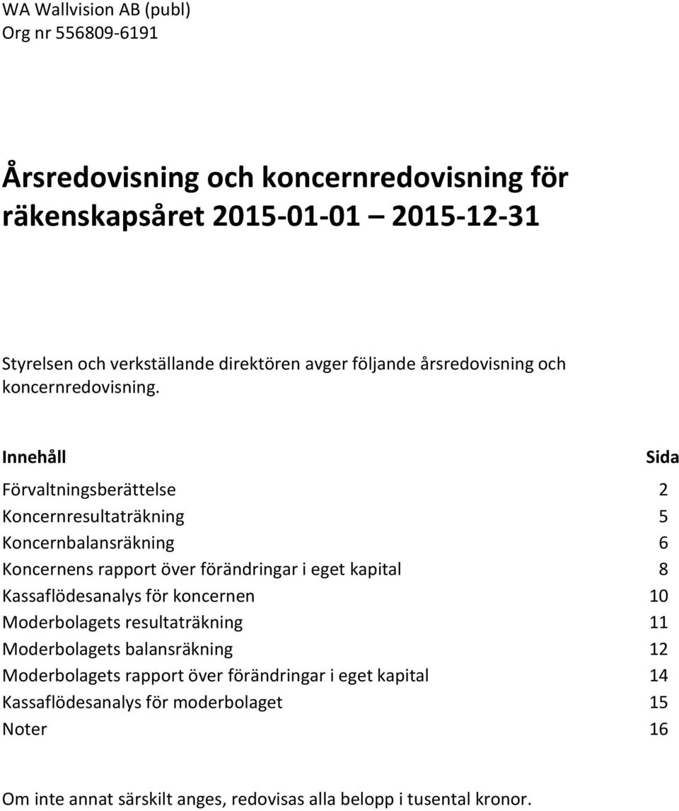 Innehåll Förvaltningsberättelse 2 Koncernresultaträkning 5 Koncernbalansräkning 6 Koncernens rapport över förändringar i eget kapital 8 Kassaflödesanalys