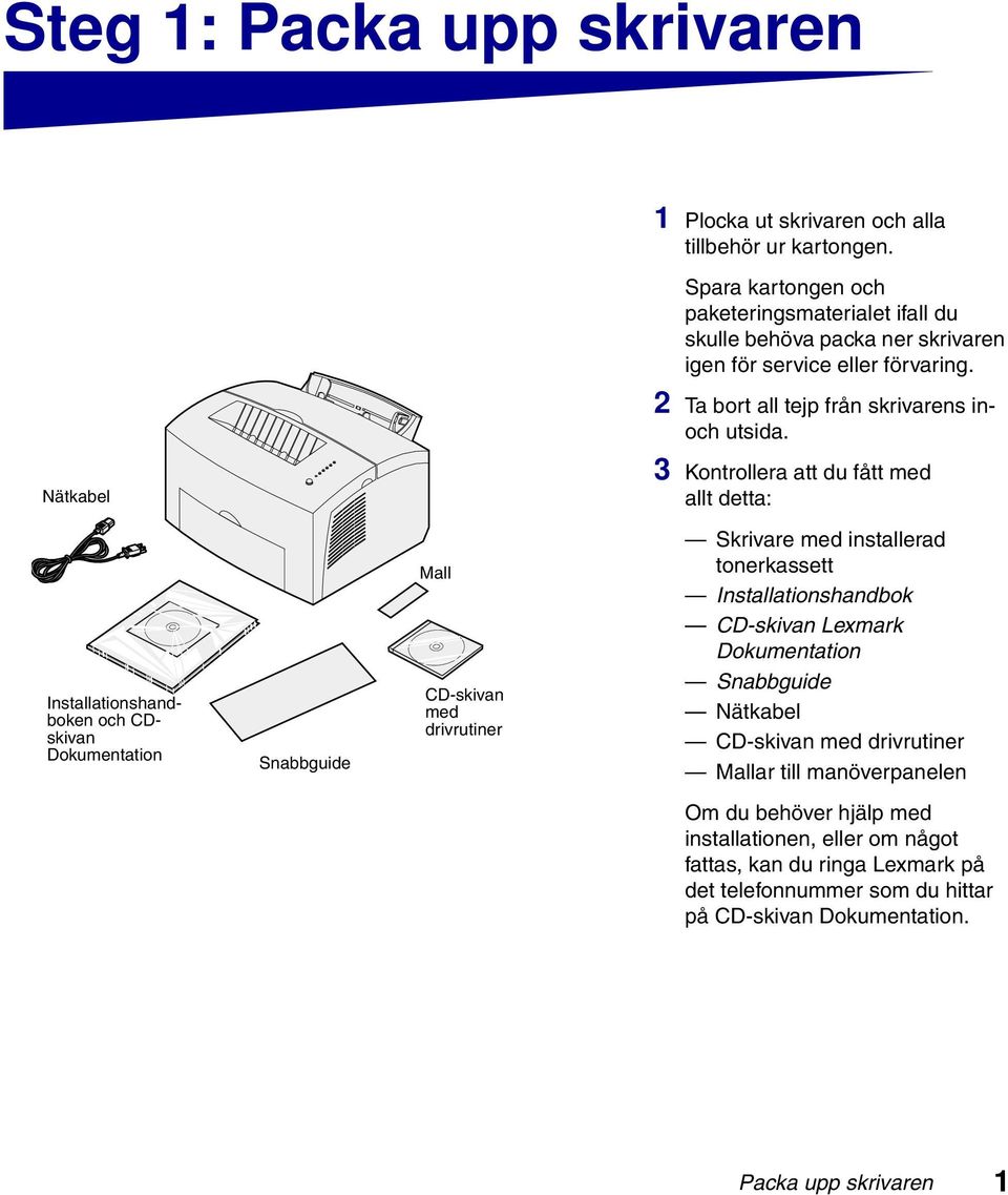 3 Kontrollera att du fått med allt detta: Installationshandboken och CDskivan Dokumentation Snabbguide Mall CD-skivan med drivrutiner Skrivare med installerad tonerkassett