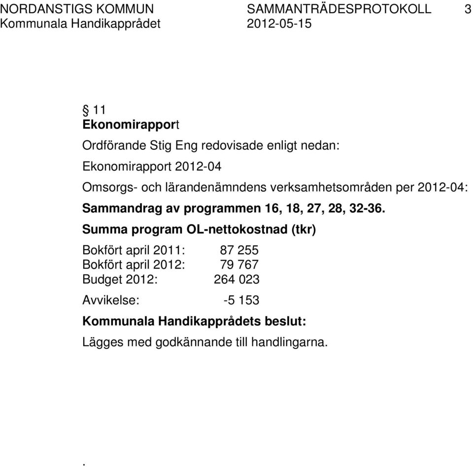 Summa program OL-nettokostnad (tkr) Bokfört april 2011: 87 255 Bokfört april 2012: 79 767 Budget