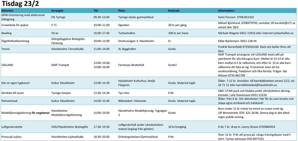 0451-128 44 Tennis Hässleholms Tennisklubb 11.00 14.00 XL-Bygghallen Gratis LEKLAND GMF Trampet 13.00 14.00, 14.00 16.00 Gör en egen tygkasse! Kultur Hässleholm 13.00 14.30 Farstorps idrottshall Hässleholm Kulturhus, Ateljé Färgaren Skridsko till tusen Tyringe Korpen 13.