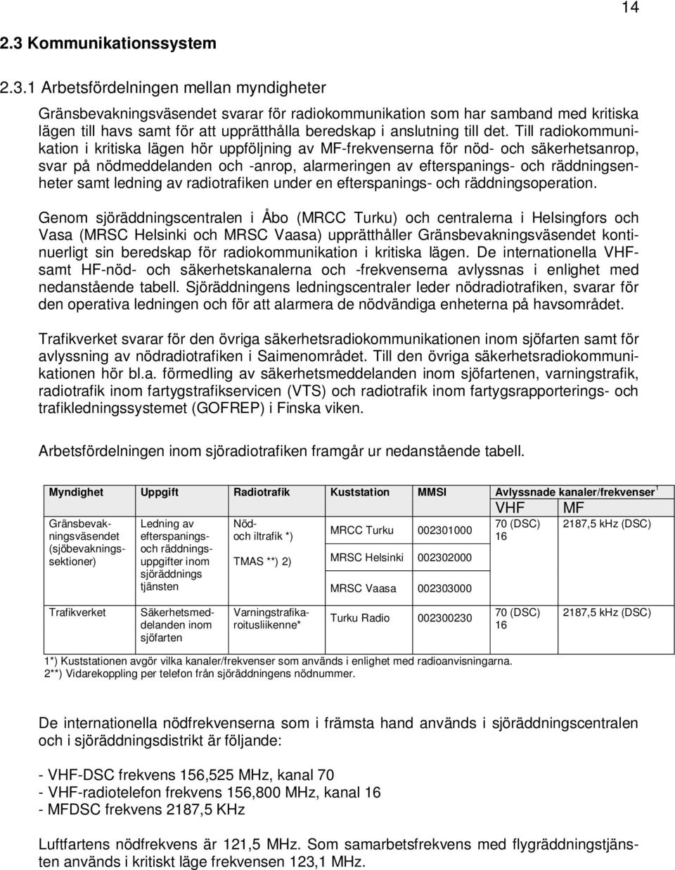 1 Arbetsfördelningen mellan myndigheter Gränsbevakningsväsendet svarar för radiokommunikation som har samband med kritiska lägen till havs samt för att upprätthålla beredskap i anslutning till det.