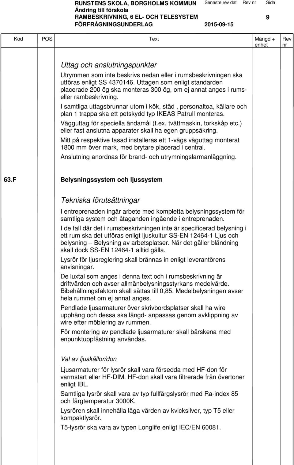 I samtliga uttagsbrunnar utom i kök, städ, personaltoa, källare och plan 1 trappa ska ett petskydd typ IKEAS Patrull monteras. Vägguttag för speciella ändamål (t.ex. tvättmaskin, torkskåp etc.