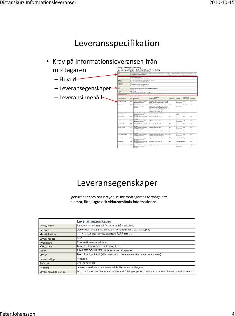 Leveransegenskaper Egenskaper som har betydelse för mottagarens