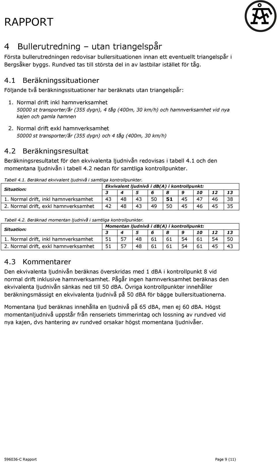 Normal drift inkl hamnverksamhet 50000 st transporter/år (355 dygn), 4 tåg (400m, 30 km/h) och hamnverksamhet vid nya kajen och gamla hamnen 2.
