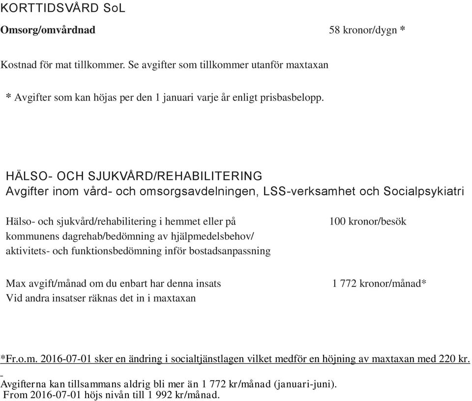 hjälpmedelsbehov/ aktivitets- och funktionsbedömning inför bostadsanpassning 100 kronor/besök Max avgift/månad om du enbart har denna insats Vid andra insatser räknas det in i maxtaxan 1 772