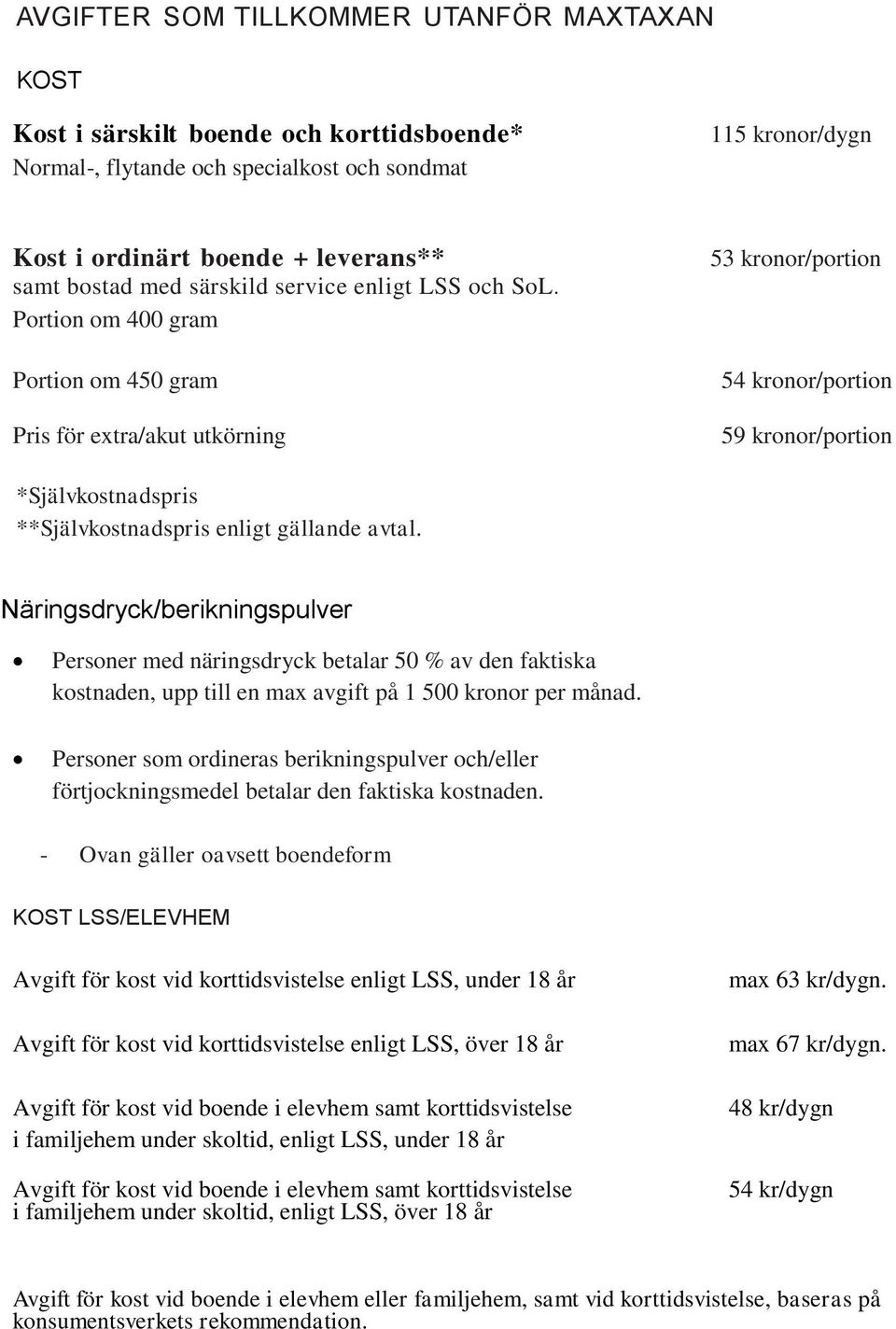 Portion om 400 gram Portion om 450 gram Pris för extra/akut utkörning 53 kronor/portion 54 kronor/portion 59 kronor/portion *Självkostnadspris **Självkostnadspris enligt gällande avtal.