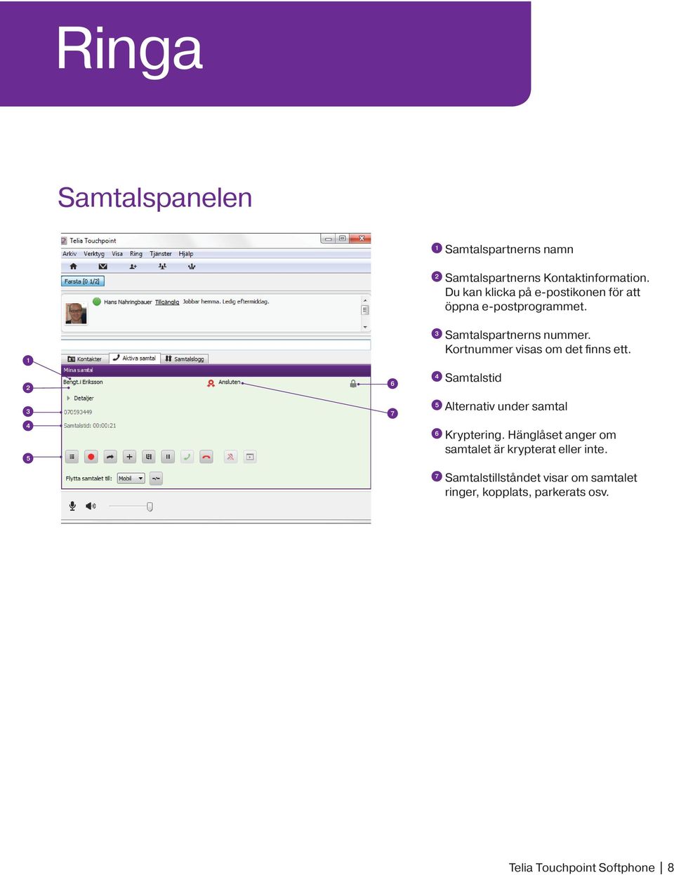 Kortnummer visas om det finns ett. 4 Samtalstid 5 Alternativ under samtal 6 Kryptering.