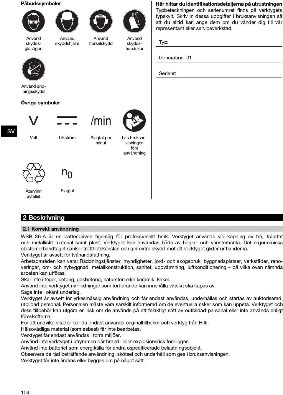 Använd skyddsglasögon Använd skyddshjälm Använd hörselskydd Använd skyddshandskar Typ: Generation: 01 Serienr: Använd andningsskydd Övriga symboler Volt Likström Slagtal per minut Läs