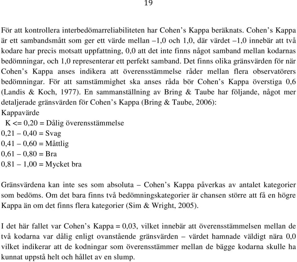 bedömningar, och 1,0 representerar ett perfekt samband. Det finns olika gränsvärden för när Cohen s Kappa anses indikera att överensstämmelse råder mellan flera observatörers bedömningar.