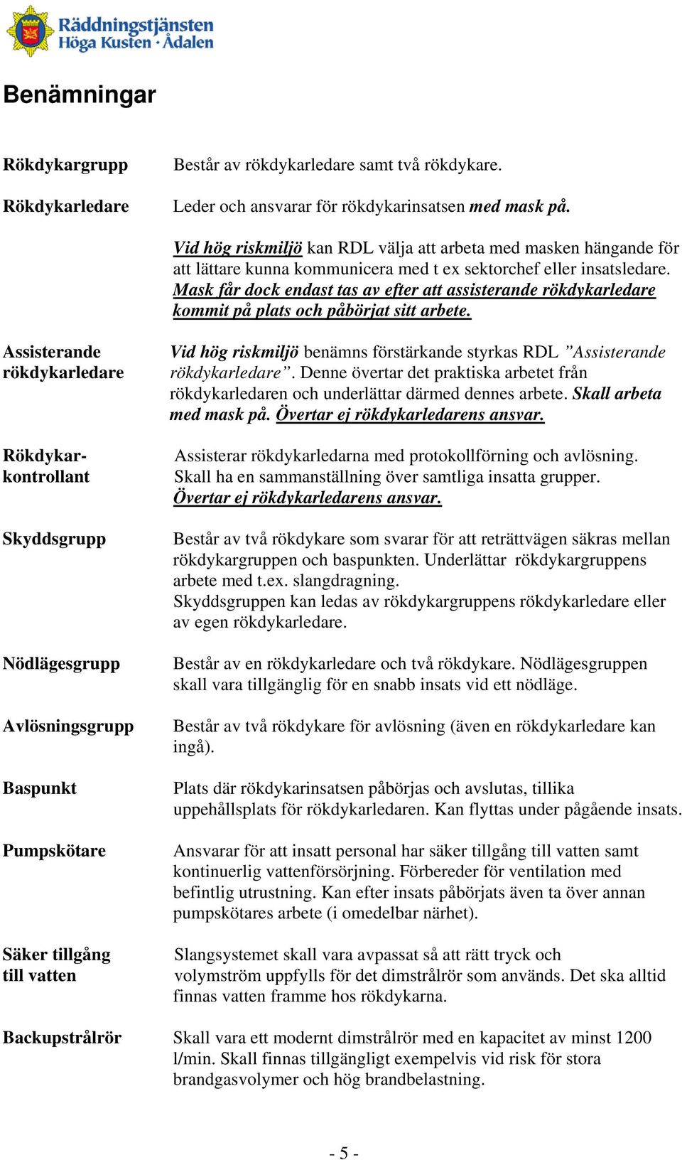 Mask får dock endast tas av efter att assisterande rökdykarledare kommit på plats och påbörjat sitt arbete.