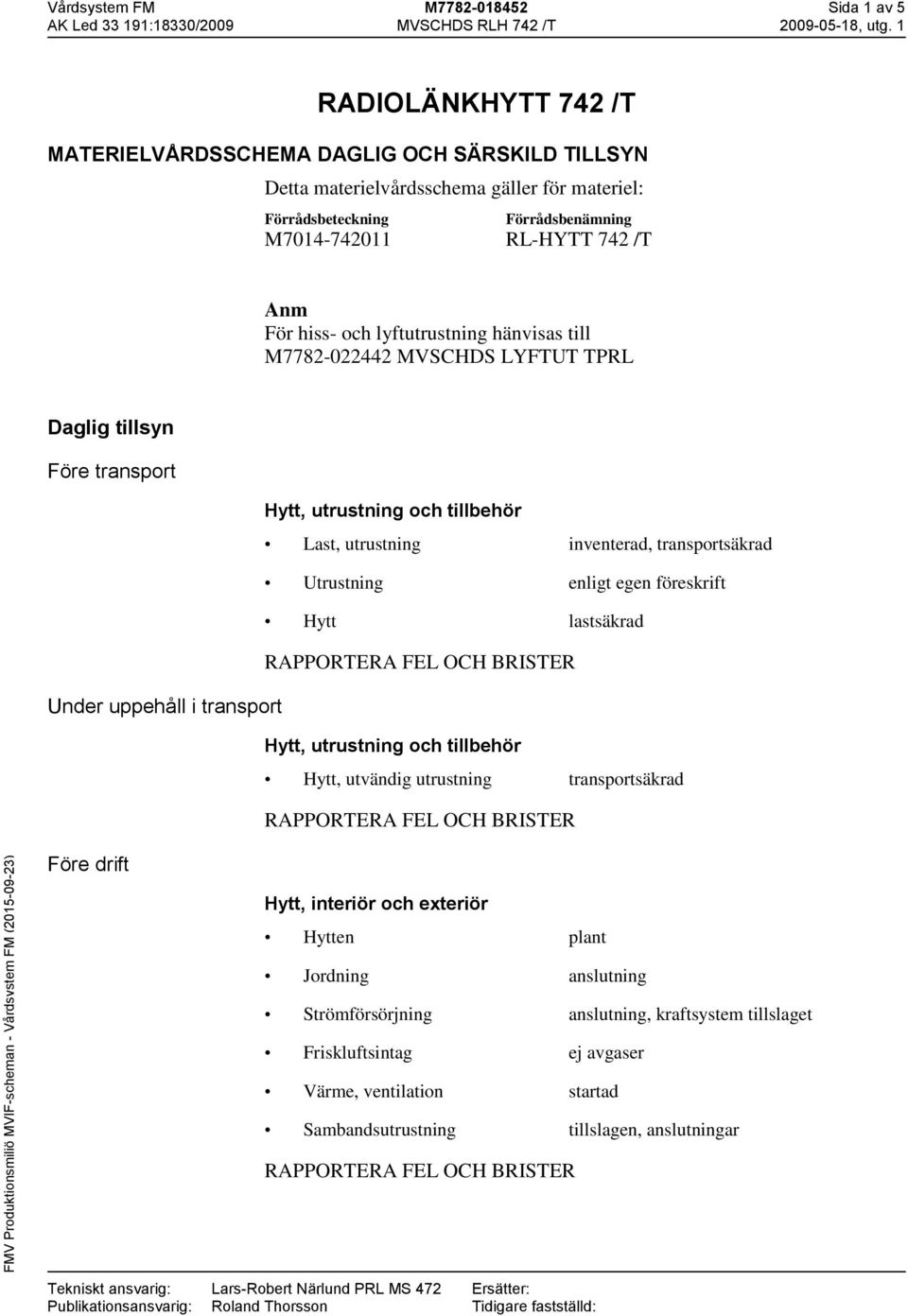 lyftutrustning hänvisas till M7782-022442 MVSCHDS LYFTUT TPRL Daglig tillsyn Före transport Hytt, utrustning och tillbehör Last, utrustning inventerad, transportsäkrad Utrustning enligt egen