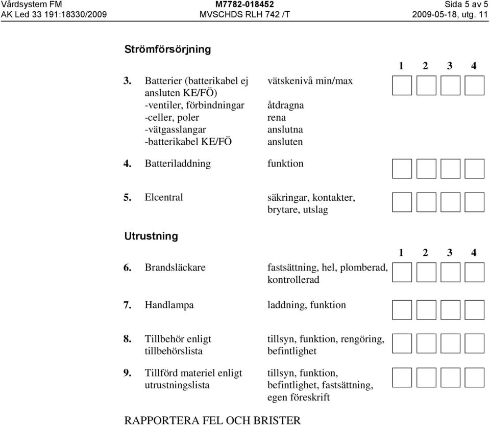 rena anslutna ansluten 4. Batteriladdning funktion 5. Elcentral säkringar, kontakter, brytare, utslag Utrustning 6.