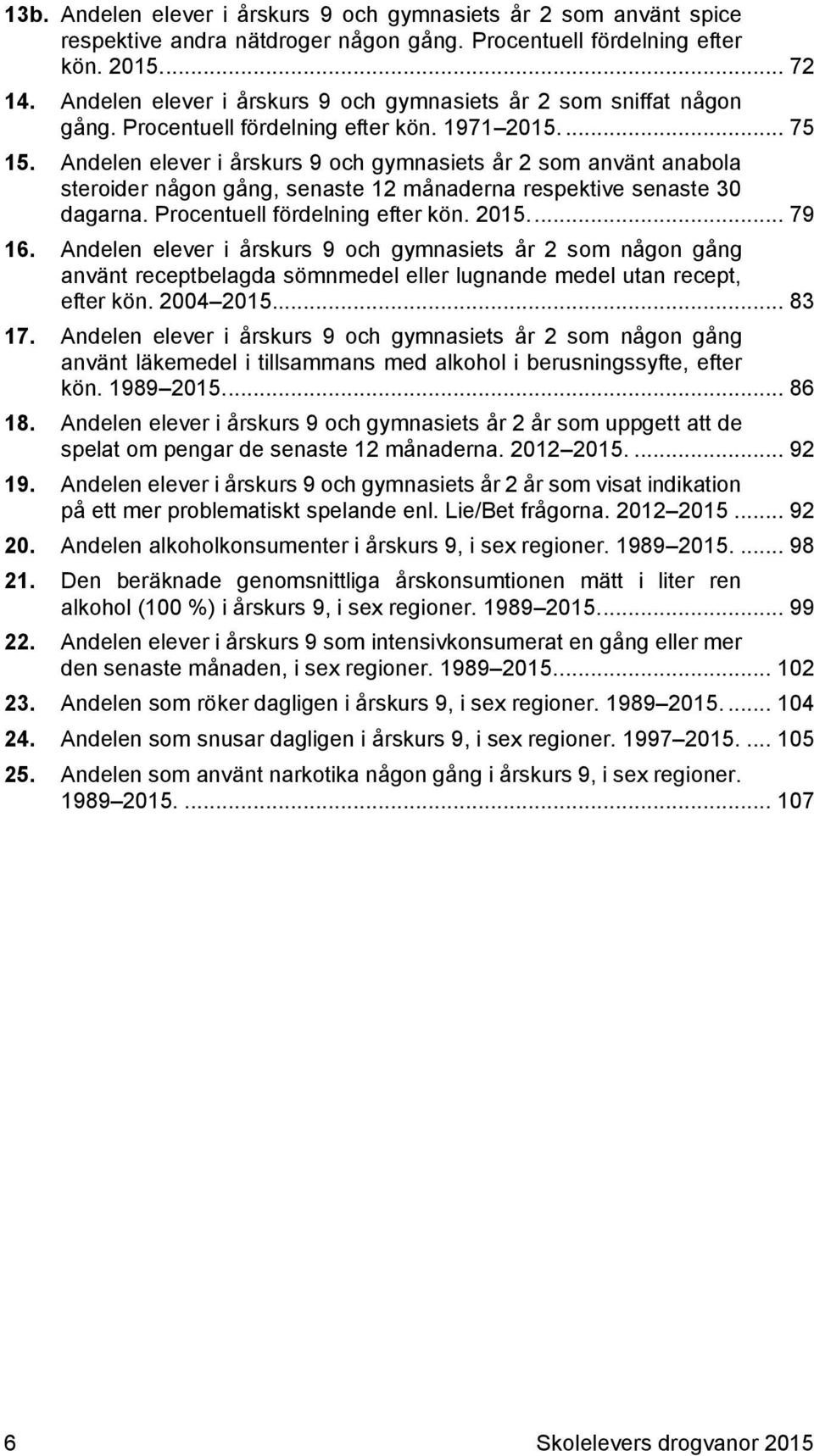 Andelen elever i årskurs 9 och gymnasiets år 2 som använt anabola steroider någon gång, senaste 12 månaderna respektive senaste 30 dagarna. Procentuell fördelning efter kön. 2015.... 79 16.