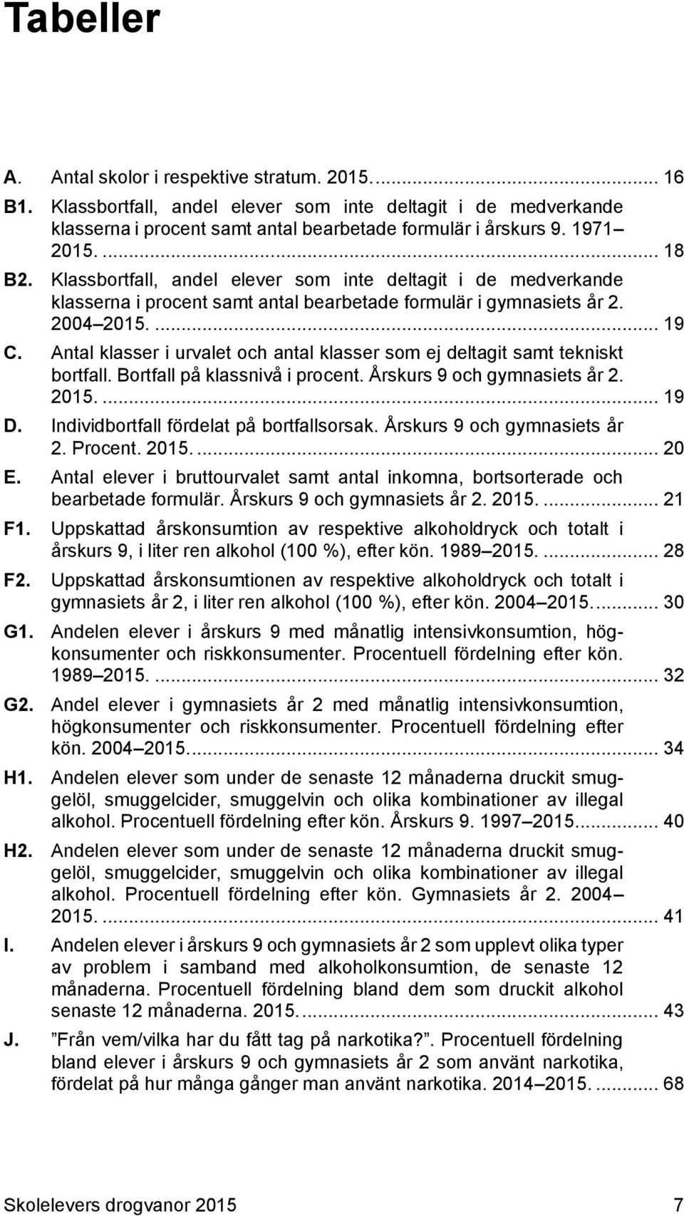 Antal klasser i urvalet och antal klasser som ej deltagit samt tekniskt bortfall. Bortfall på klassnivå i procent. Årskurs 9 och gymnasiets år 2. 2015.... 19 D.