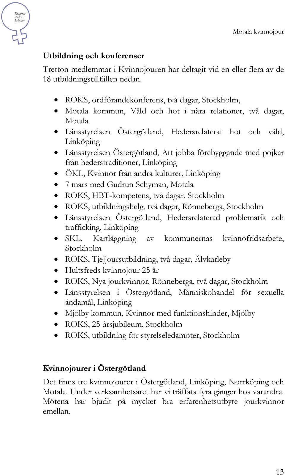 Östergötland, Att jobba förebyggande med pojkar från hederstraditioner, Linköping ÖKL, Kvinnor från andra kulturer, Linköping 7 mars med Gudrun Schyman, Motala ROKS, HBT-kompetens, två dagar,