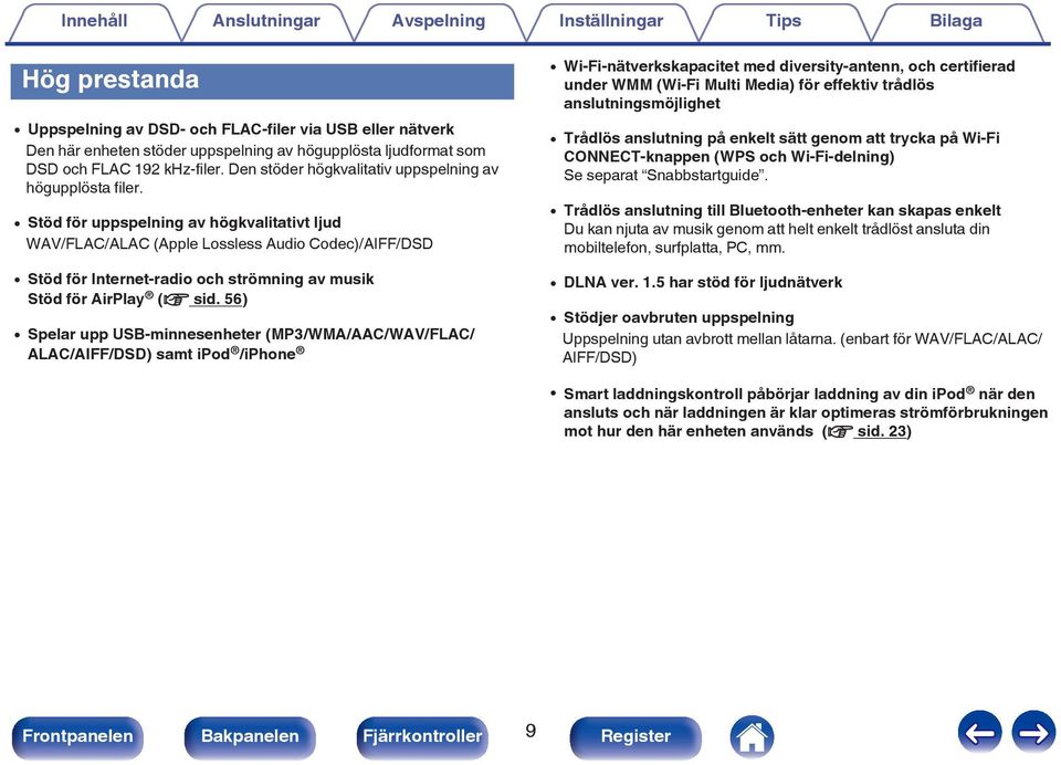 0 Stöd för uppspelning av högkvalitativt ljud WAV/FLAC/ALAC (Apple Lossless Audio Codec)/AIFF/DSD 0 Stöd för Internet-radio och strömning av musik Stöd för AirPlay (v sid.