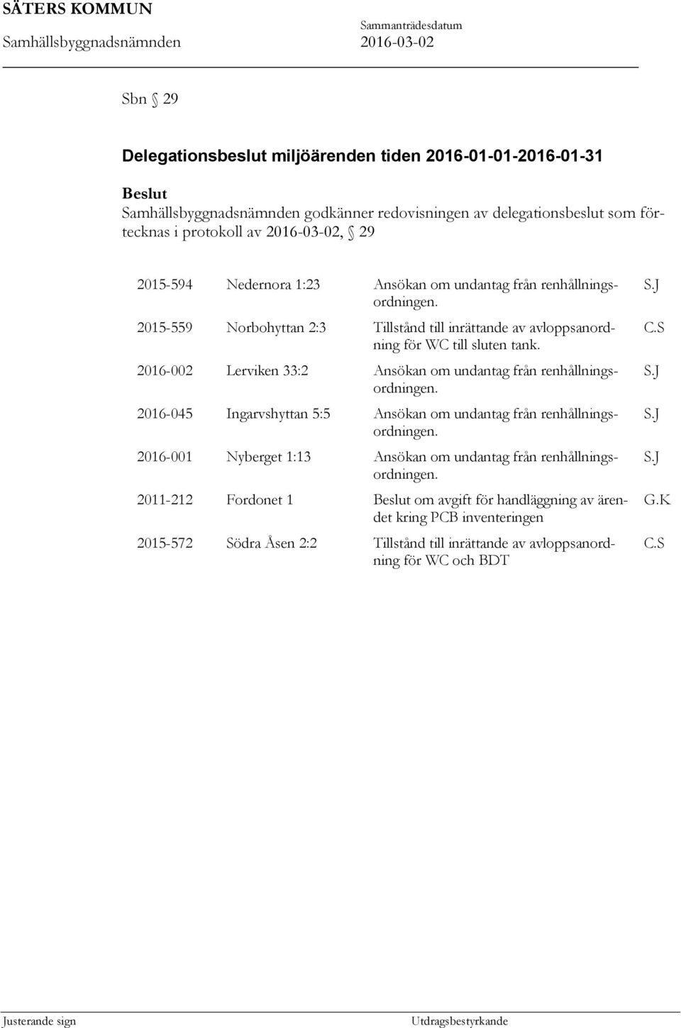 2016-002 Lerviken 33:2 Ansökan om undantag från renhållningsordningen. 2016-045 Ingarvshyttan 5:5 Ansökan om undantag från renhållningsordningen.