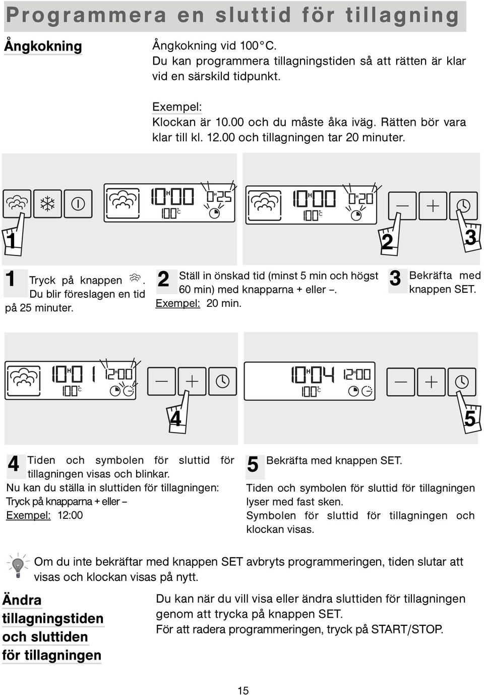 Ställ in önskad tid (minst 5 min och högst 60 min) med knapparna + eller. Exempel: 20 min. Bekräfta med knappen SET. 4 5 Tiden och symbolen för sluttid för tillagningen visas och blinkar.