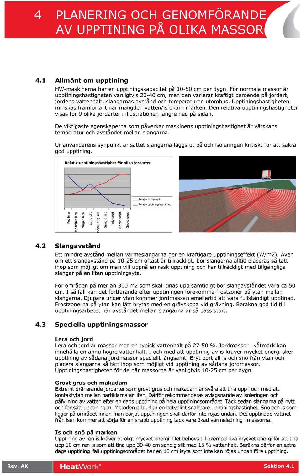 Upptiningshastigheten minskas framför allt när mängden vatten/is ökar i marken. Den relativa upptiningshastigheten visas för 9 olika jordarter i illustrationen längre ned på sidan.