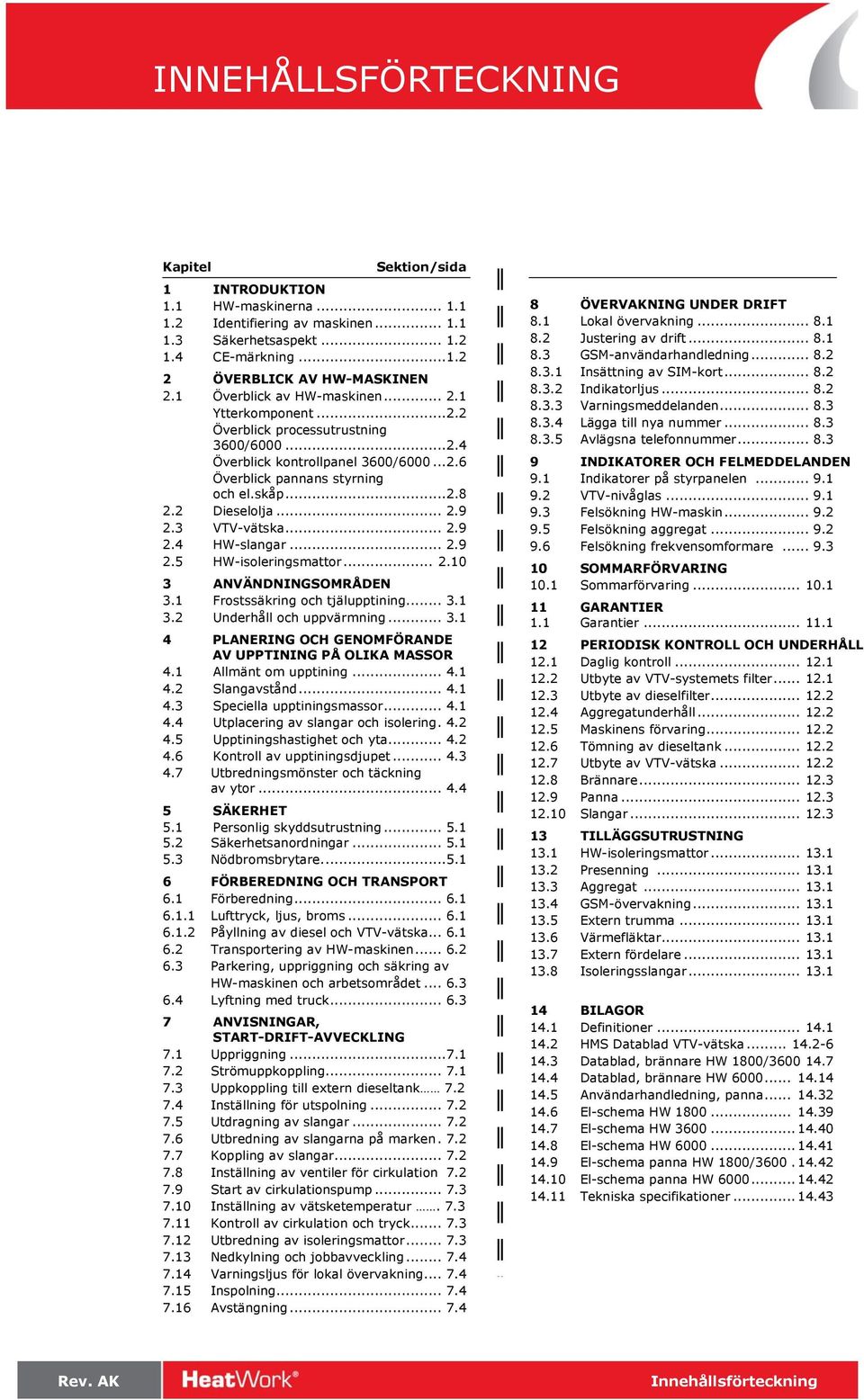 2 Dieselolja... 2.9 2-8 9.2 VTV-nivåglas... 9.1 9.3 Felsökning HW-maskin... 9.2 2.3 VTV-vätska... 2.9 9.5 Felsökning 2-8 aggregat... 9.2 2.4 HW-slangar... 2.9 9.6 Felsökning 2-8 frekvensomformare... 9.3 2.