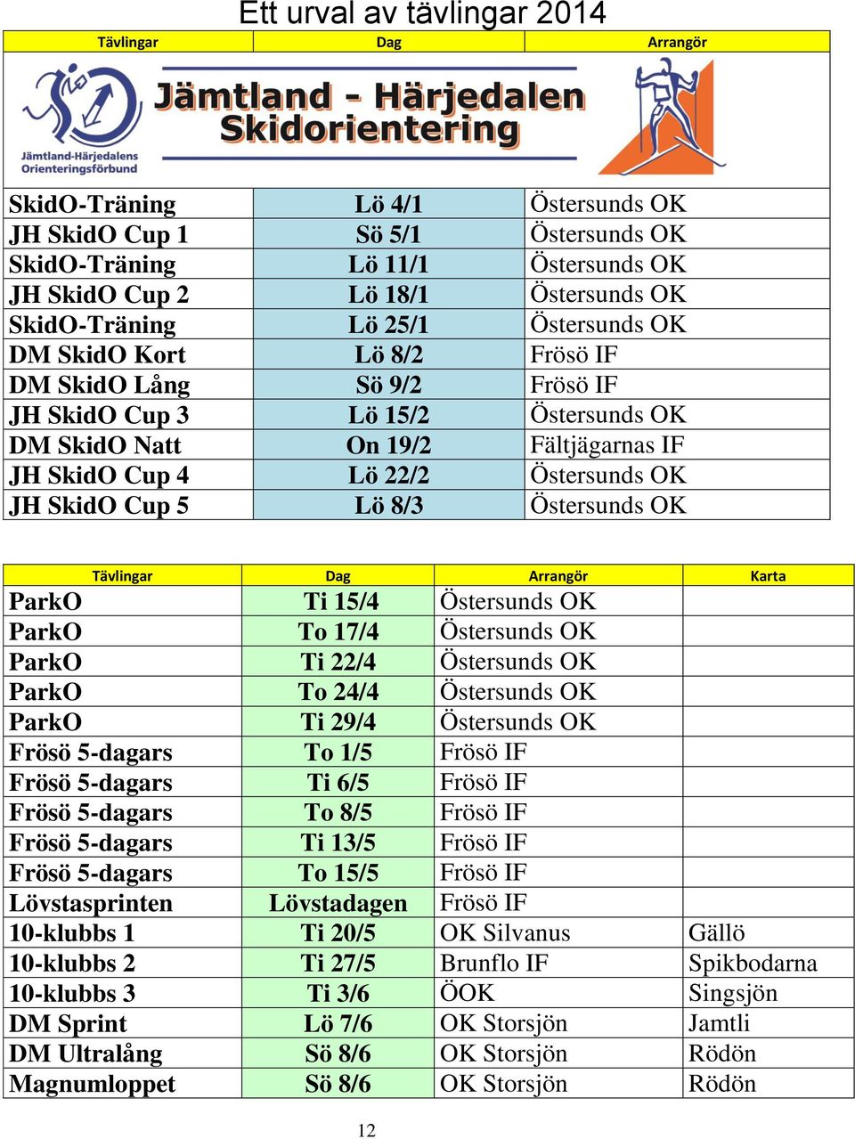 Östersunds OK JH SkidO Cup 5 Lö 8/3 Östersunds OK Tävlingar Dag Arrangör Karta ParkO Ti 15/4 Östersunds OK ParkO To 17/4 Östersunds OK ParkO Ti 22/4 Östersunds OK ParkO To 24/4 Östersunds OK ParkO Ti