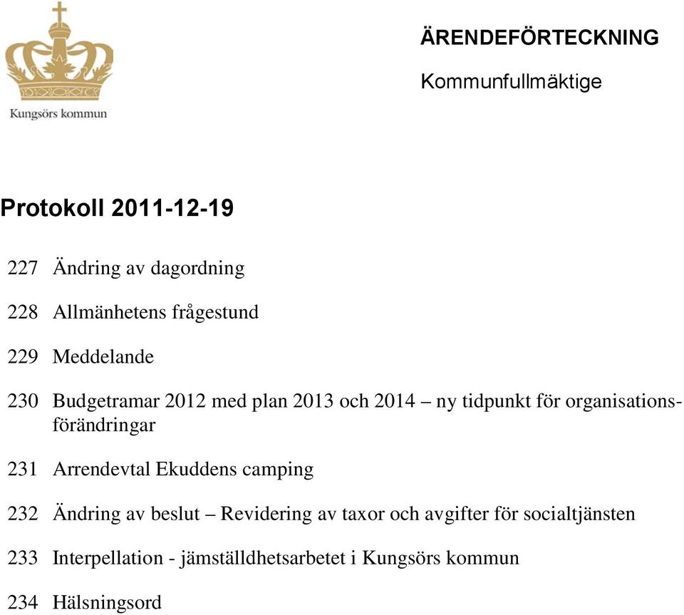 organisationsförändringar 231 Arrendevtal Ekuddens camping 232 Ändring av beslut Revidering av