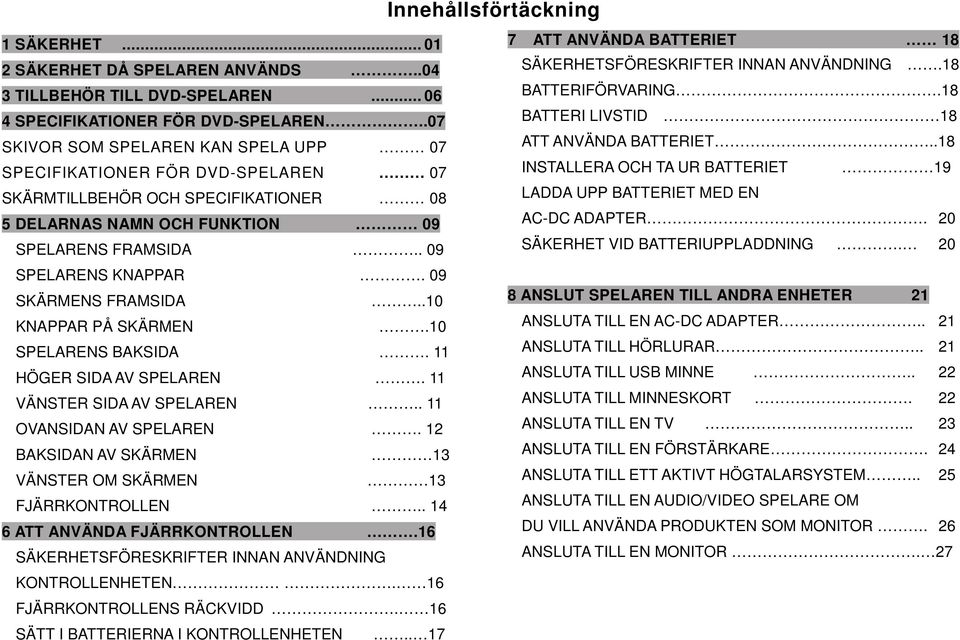 .18 SPECIFIKATIONER FÖR DVD-SPELAREN 07 INSTALLERA OCH TA UR BATTERIET 19 SKÄRMTILLBEHÖR OCH SPECIFIKATIONER 08 LADDA UPP BATTERIET MED EN 5 DELARNAS NAMN OCH FUNKTION 09 AC-DC ADAPTER.