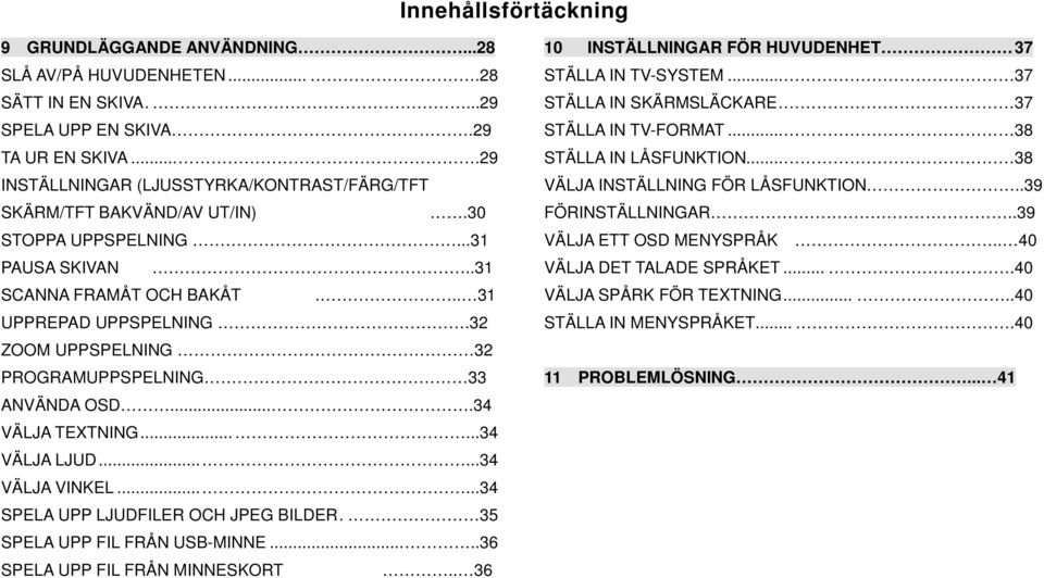 32 ZOOM UPPSPELNING 32 PROGRAMUPPSPELNING 33 ANVÄNDA OSD....34 VÄLJA TEXTNING......34 VÄLJA LJUD......34 VÄLJA VINKEL......34 SPELA UPP LJUDFILER OCH JPEG BILDER. 35 SPELA UPP FIL FRÅN USB-MINNE.