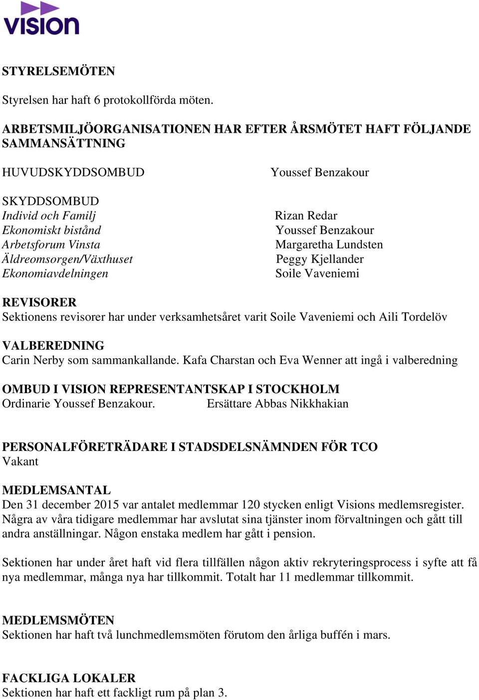 Ekonomiavdelningen Youssef Benzakour Rizan Redar Youssef Benzakour Margaretha Lundsten Peggy Kjellander Soile Vaveniemi REVISORER Sektionens revisorer har under verksamhetsåret varit Soile Vaveniemi