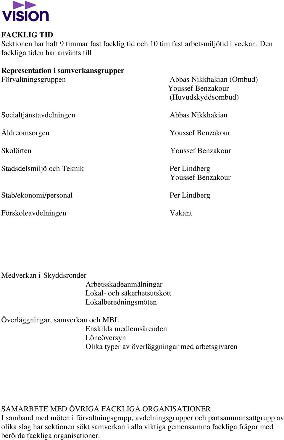 Förskoleavdelningen Abbas Nikkhakian (Ombud) Youssef Benzakour (Huvudskyddsombud) Abbas Nikkhakian Youssef Benzakour Youssef Benzakour Per Lindberg Youssef Benzakour Per Lindberg Vakant Medverkan i