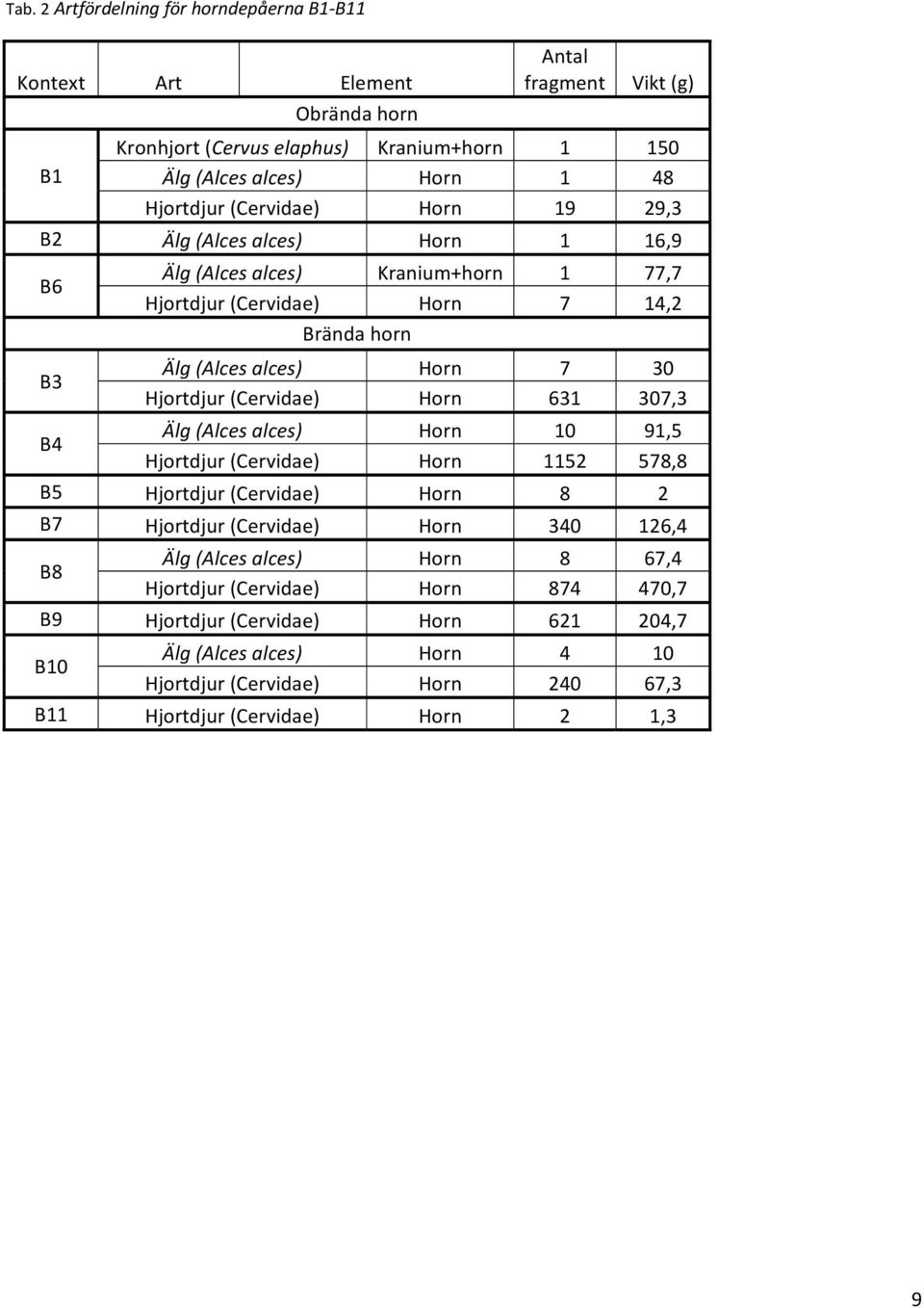 (Cervidae) Horn 631 307,3 Älg (Alces alces) Horn 10 91,5 B4 Hjortdjur (Cervidae) Horn 1152 578,8 B5 Hjortdjur (Cervidae) Horn 8 2 B7 Hjortdjur (Cervidae) Horn 340 126,4 Älg (Alces alces)