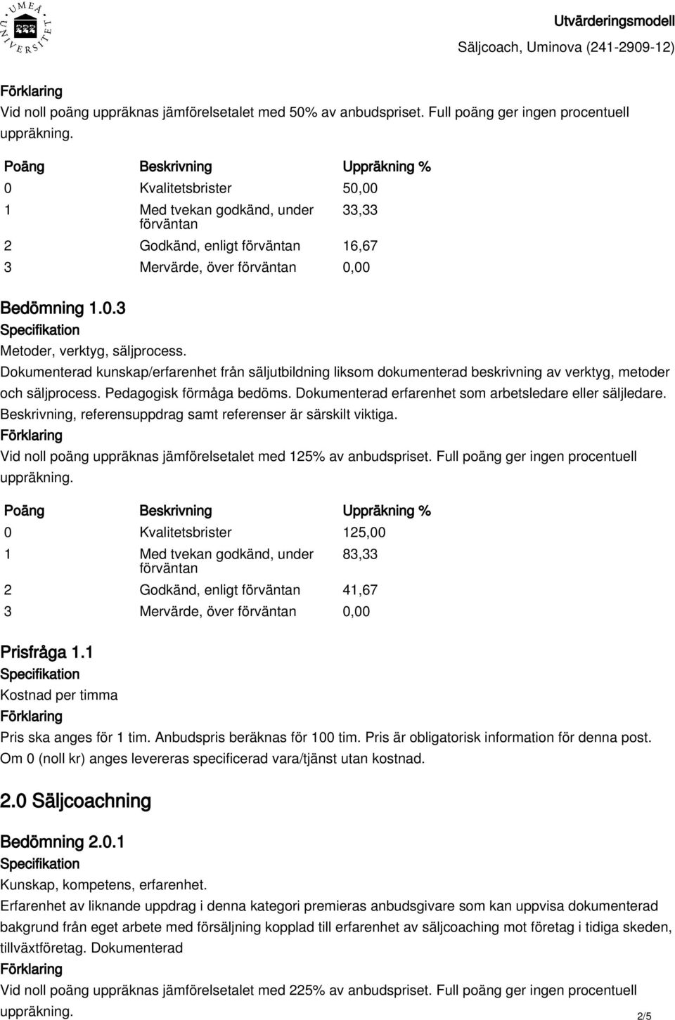 Full poäng ger ingen procentuell 0 Kvalitetsbrister 125,00 83,33 2 Godkänd, enligt 41,67 Prisfråga 1.1 Kostnad per timma Pris ska anges för 1 tim.