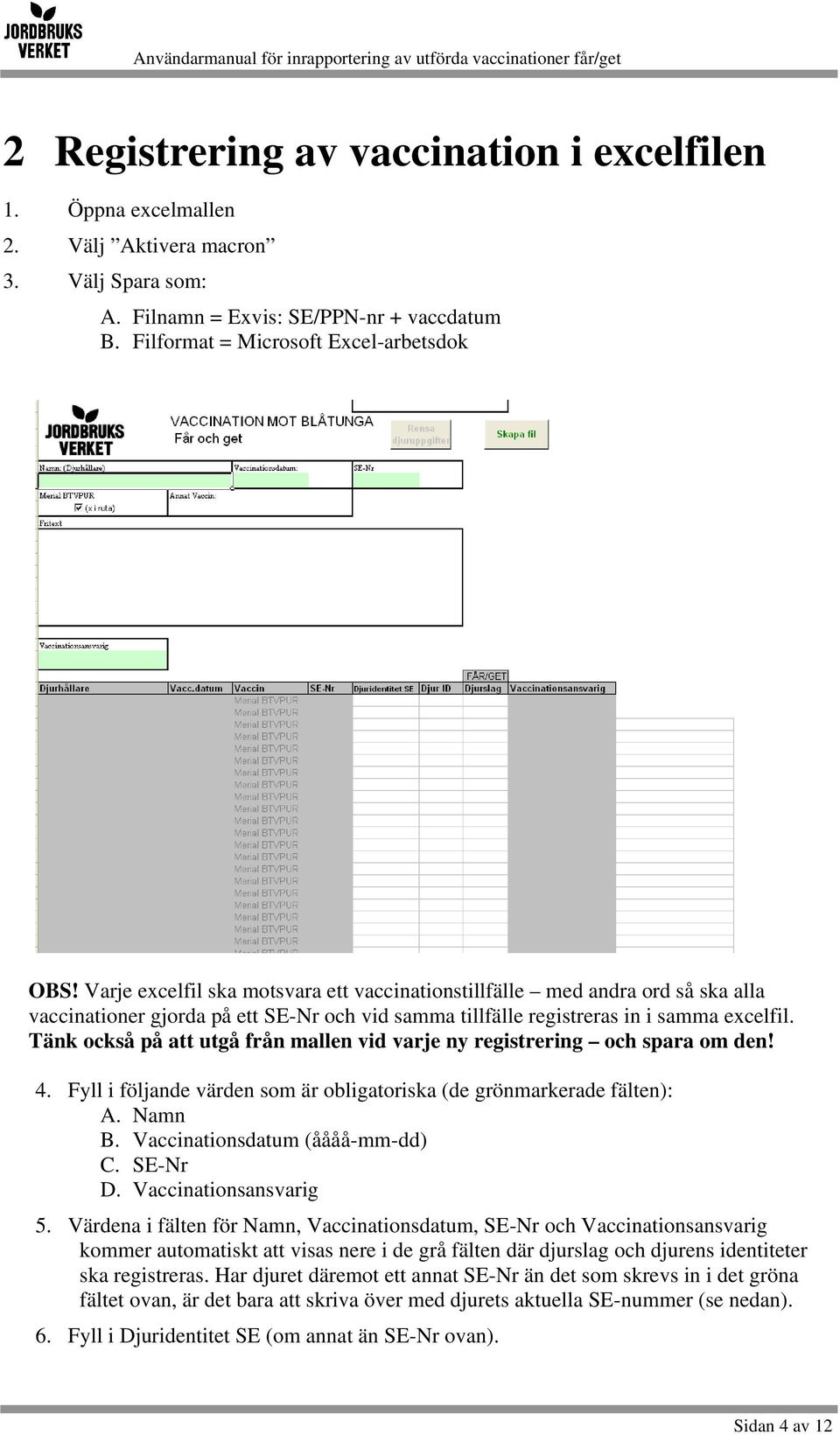 Tänk också på att utgå från mallen vid varje ny registrering och spara om den! 4. Fyll i följande värden som är obligatoriska (de grönmarkerade fälten): A. Namn B. Vaccinationsdatum (åååå-mm-dd) C.