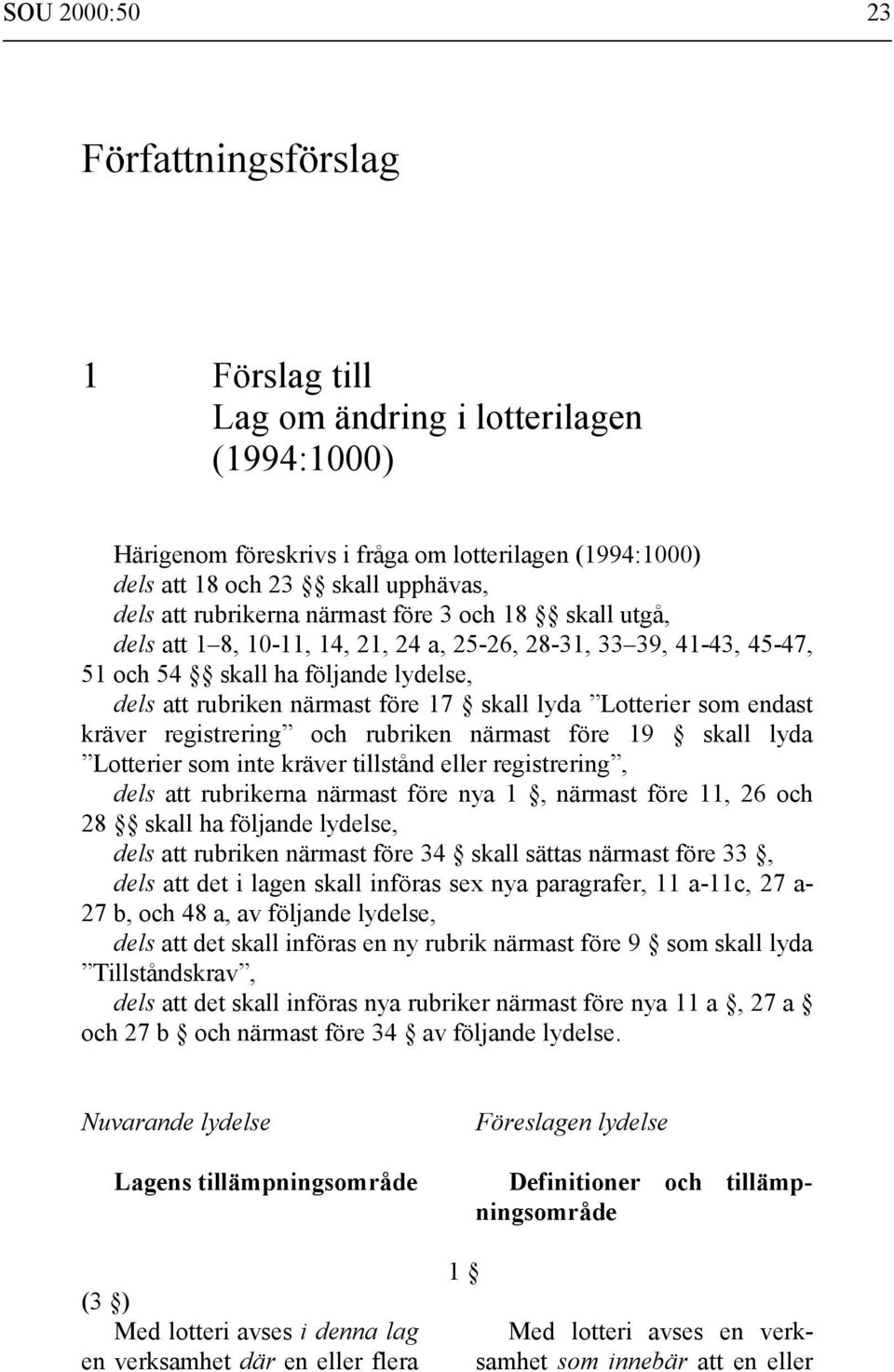 Lotterier som endast kräver registrering och rubriken närmast före 19 skall lyda Lotterier som inte kräver tillstånd eller registrering, dels att rubrikerna närmast före nya 1, närmast före 11, 26