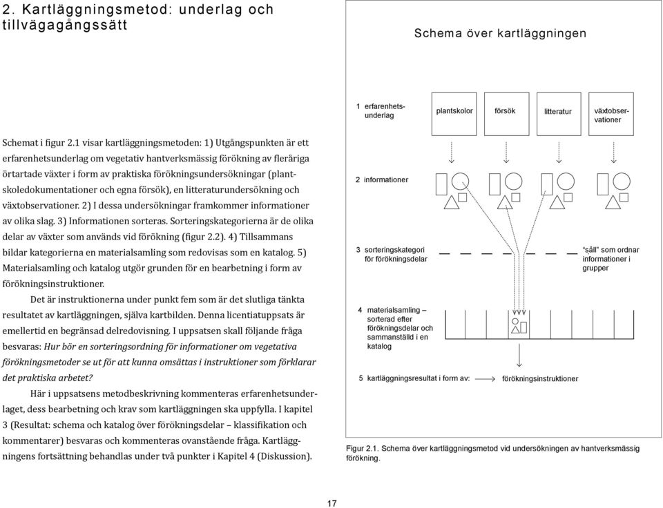 (plantskoledokumentationer och egna försök), en litteraturundersökning och växtobservationer. 2) I dessa undersökningar framkommer informationer av olika slag. 3) Informationen sorteras.