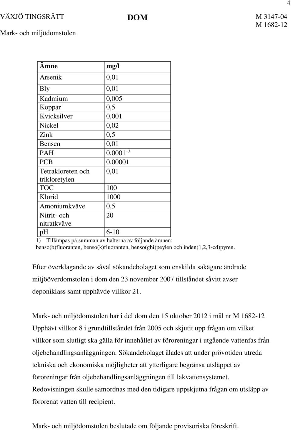 Efter överklagande av såväl sökandebolaget som enskilda sakägare ändrade miljööverdomstolen i dom den 23 november 2007 tillståndet såvitt avser deponiklass samt upphävde villkor 21.