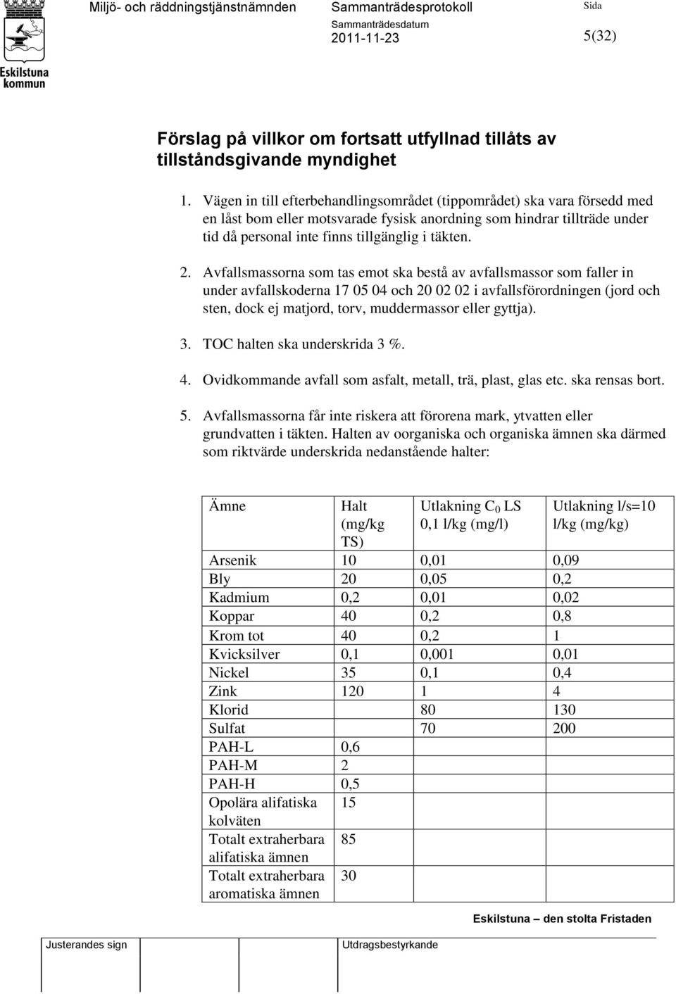 Avfallsmassorna som tas emot ska bestå av avfallsmassor som faller in under avfallskoderna 17 05 04 och 20 02 02 i avfallsförordningen (jord och sten, dock ej matjord, torv, muddermassor eller