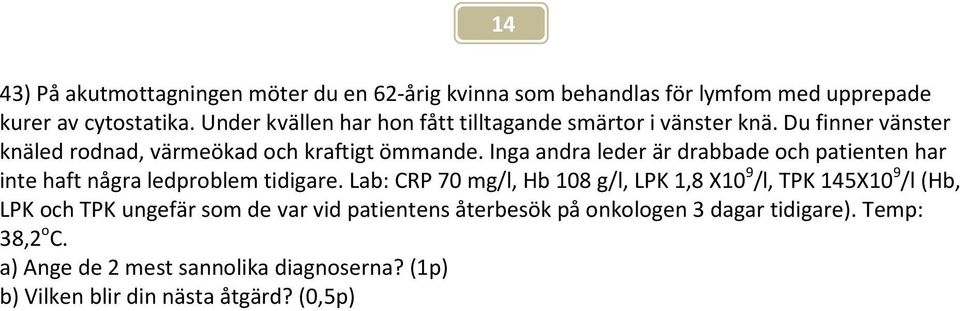 Inga andra leder är drabbade och patienten har inte haft några ledproblem tidigare.