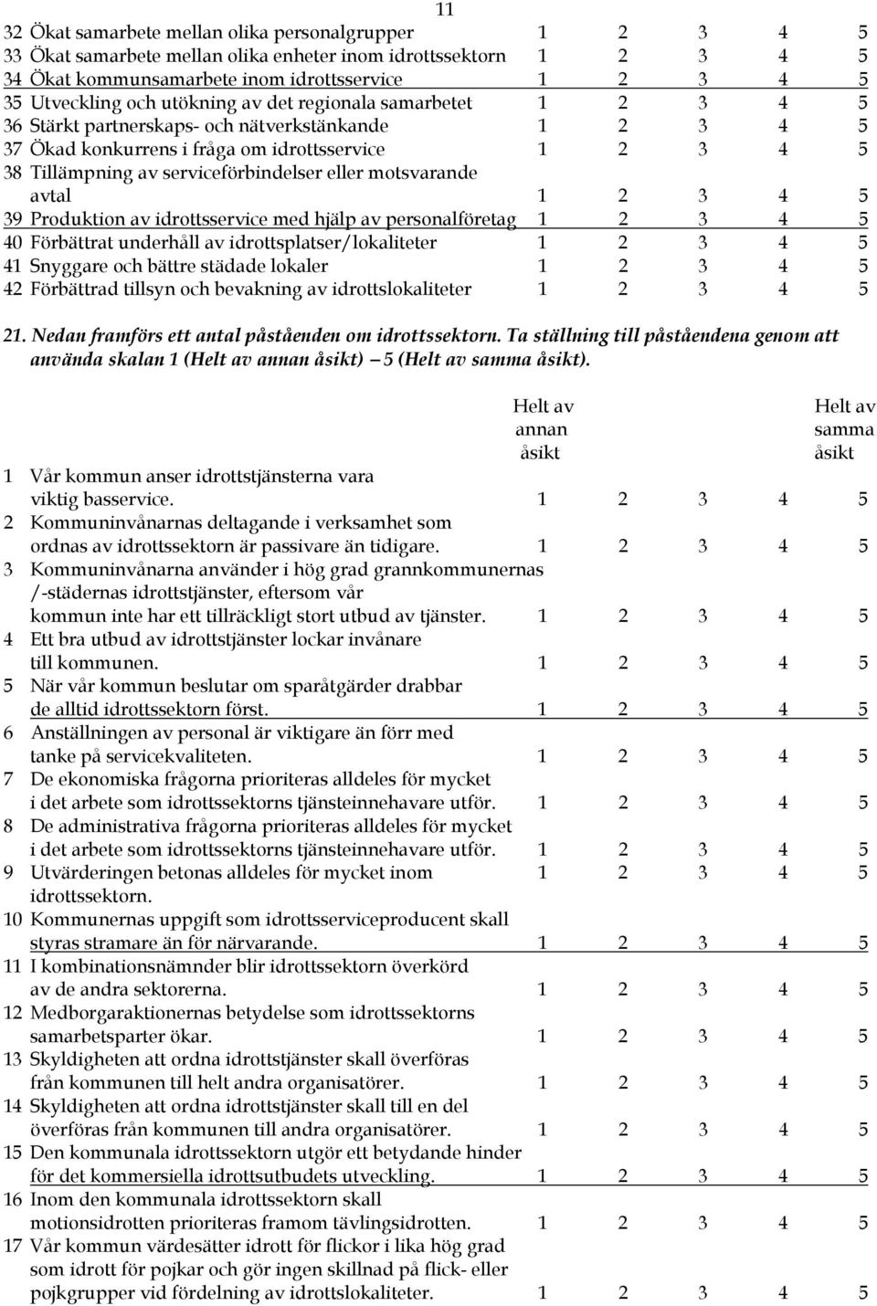 eller motsvarande avtal 1 2 3 4 5 39 Produktion av idrottsservice med hjälp av personalföretag 1 2 3 4 5 40 Förbättrat underhåll av idrottsplatser/lokaliteter 1 2 3 4 5 41 Snyggare och bättre städade